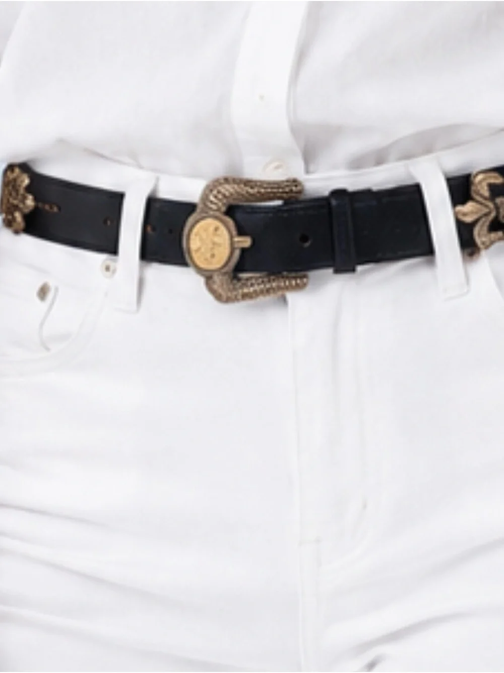 Brighton Navy Leather Belt with Gold Medallion Hardware